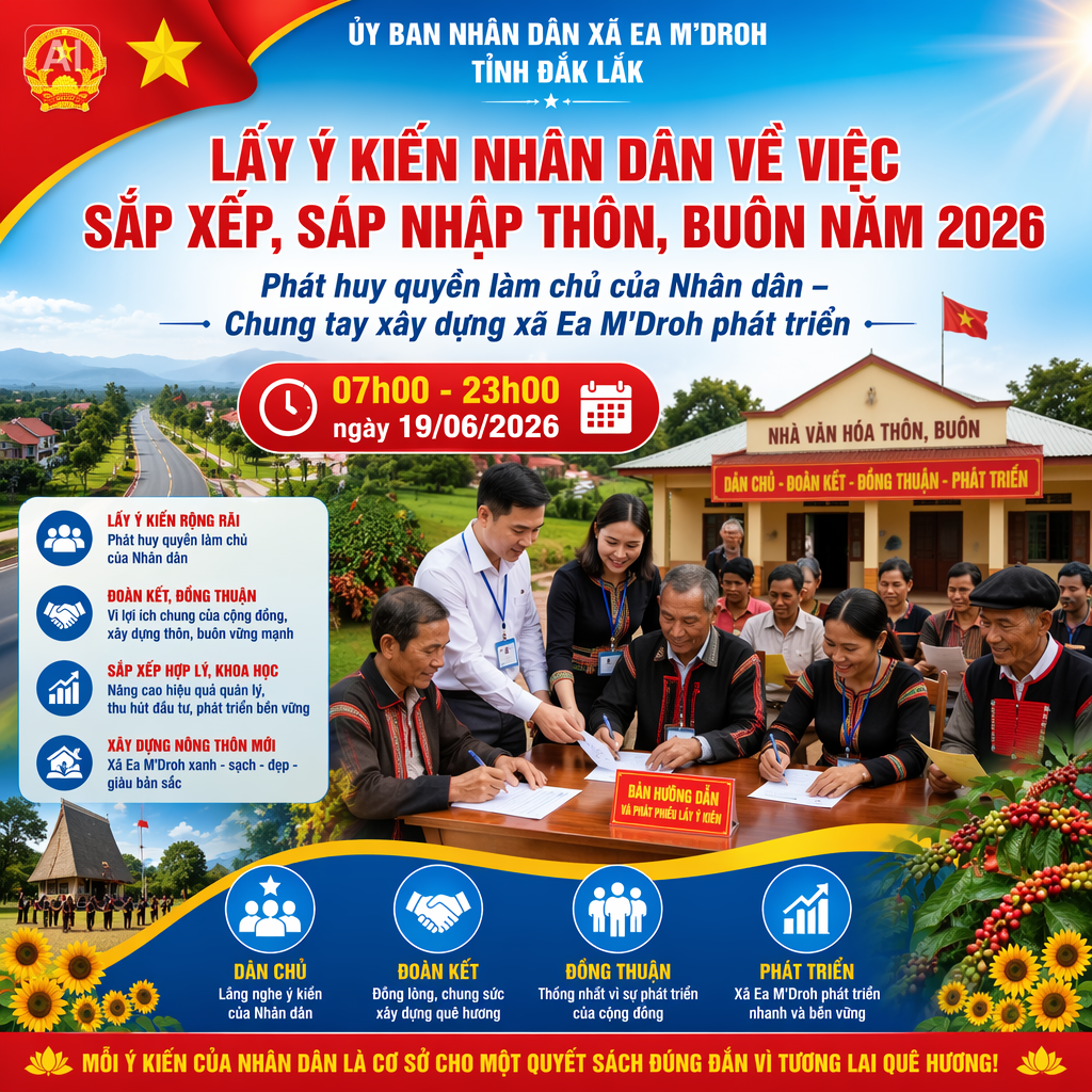 THÔNG BÁO: Kế hoạch lấy ý kiến Nhân dân về việc sắp xếp thôn, buôn xã Ea M'Droh năm 2026