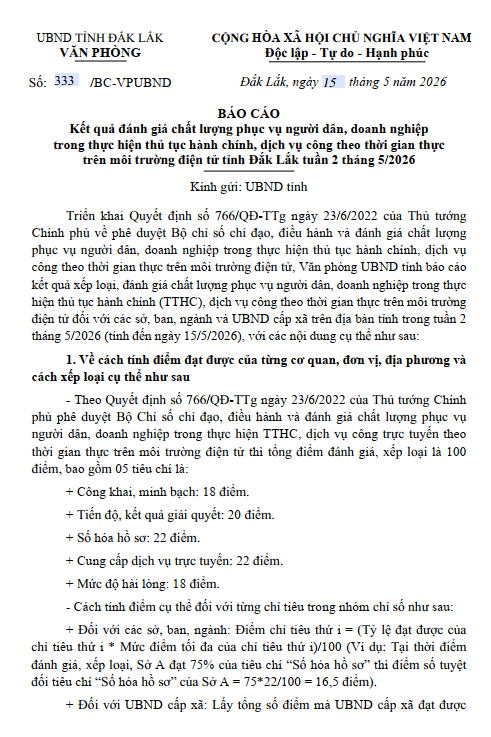 Kết quả đánh giá chất lượng phục vụ người dân, doanh nghiệp trong thực hiện thủ tục hành chính, dịch vụ công theo thời gian thực trên môi trường điện tử tỉnh Đắk Lắk tuần 2 tháng 5/2026