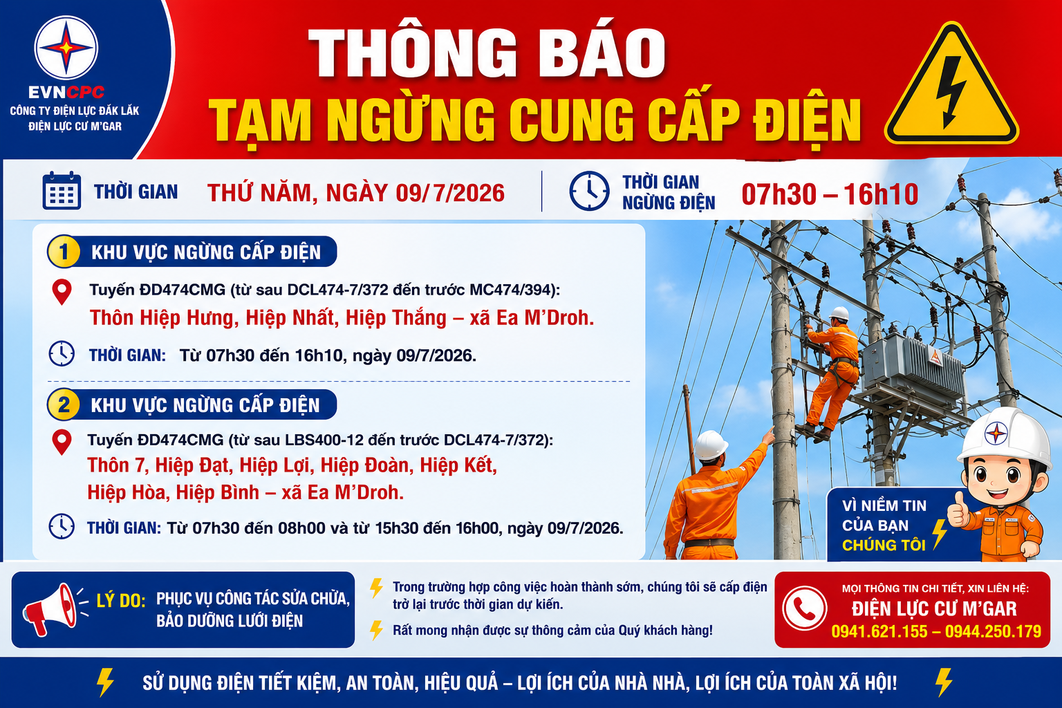 THÔNG BÁO TẠM NGỪNG CUNG CẤP ĐIỆN NGÀY 09/7/2026