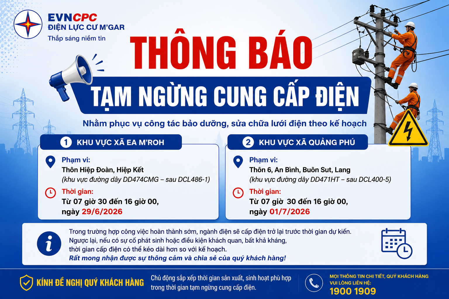 THÔNG BÁO TẠM NGỪNG CUNG CẤP ĐIỆN TRÊN ĐỊA BÀN