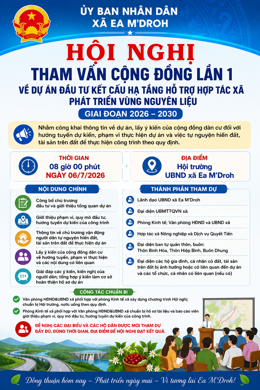 XÃ EA M’DROH: TỔ CHỨC HỘI NGHỊ THAM VẤN CỘNG ĐỒNG VỀ DỰ ÁN ĐẦU TƯ HẠ TẦNG VÙNG NGUYÊN LIỆU GIAI ĐOẠN 2026-2030