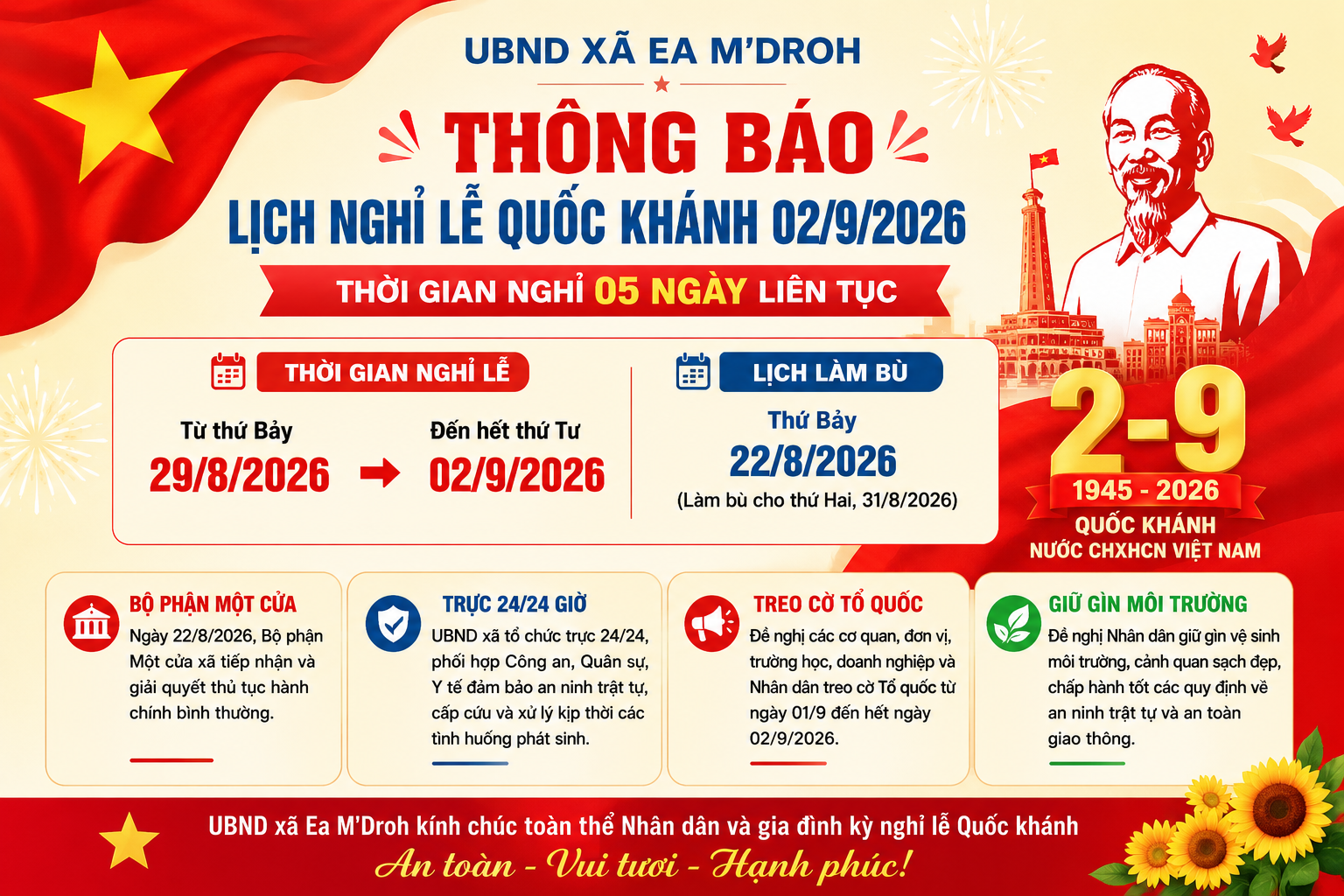 UBND XÃ EA M'DROH THÔNG BÁO LỊCH NGHỈ LỄ QUỐC KHÁNH 02/9/2026